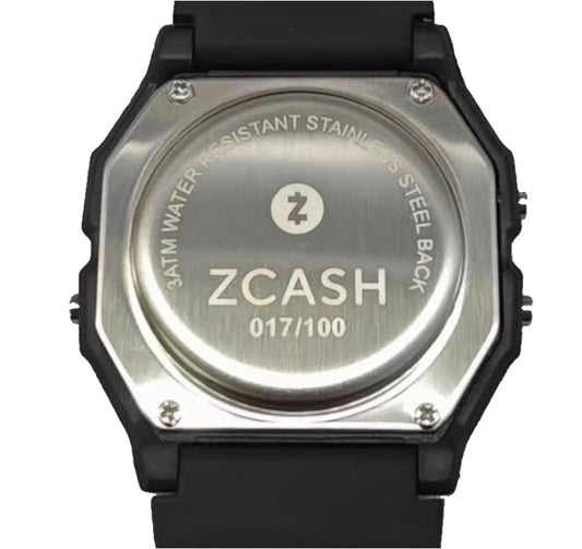 Engraved stainless steel case back of the Zcashio Black Edition, showing the Zcash logo and number 017/100