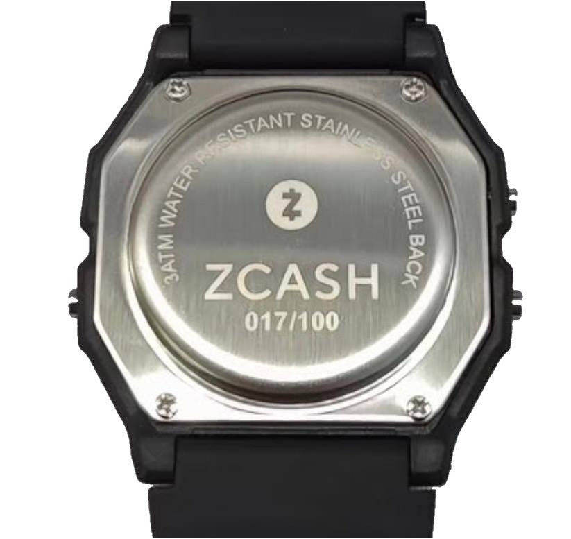 Engraved stainless steel case back of the Zcashio Black Edition, showing the Zcash logo and number 017/100