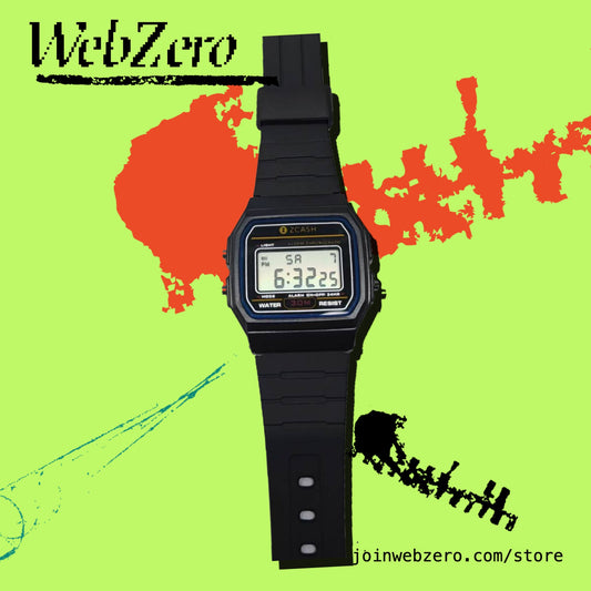 Zcashio Black Edition watch on an acid green WebZero plate with vermilion ink marks